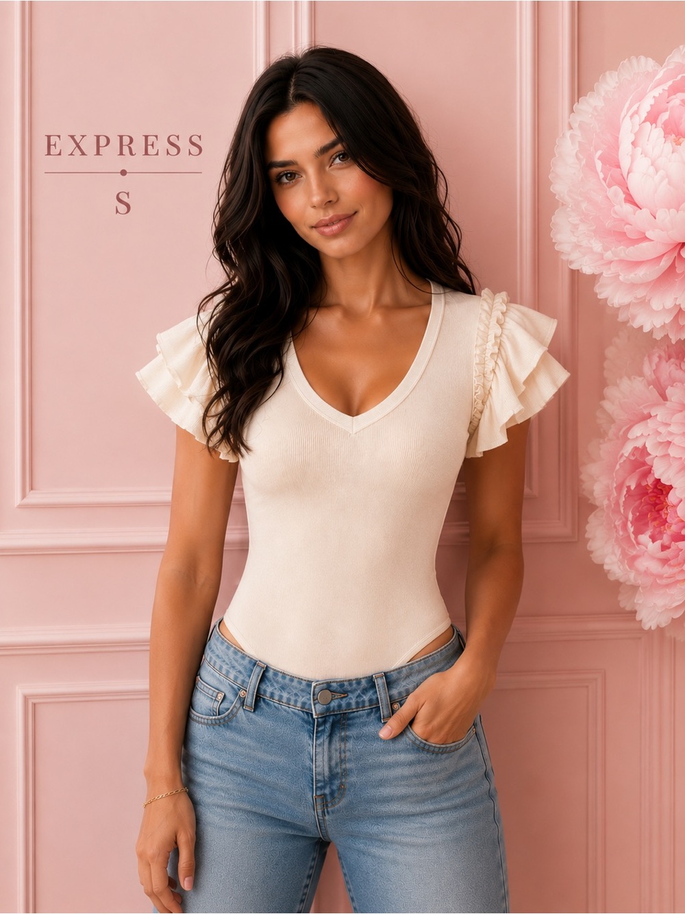 Express Ivory Ribbed Bodysuit Ruffle Sleeve V-Neck Top Size S